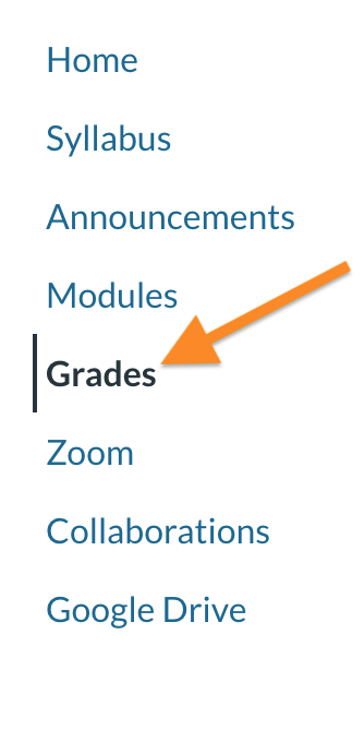 screenshot of the left-hand navigation menu in Canvas, with the grades link highlighted.