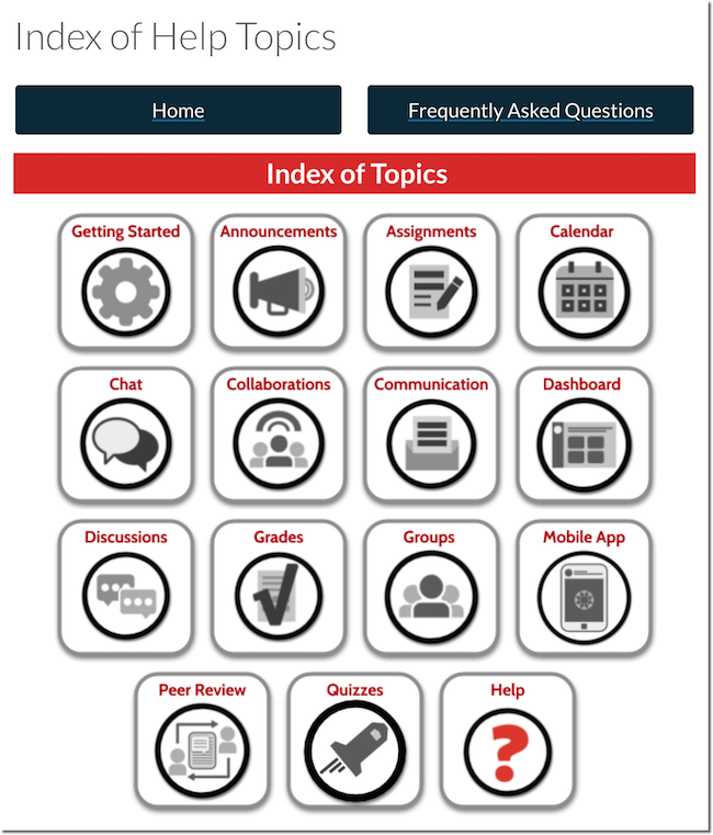 A screenshot of the full list of canvas student course help topics.